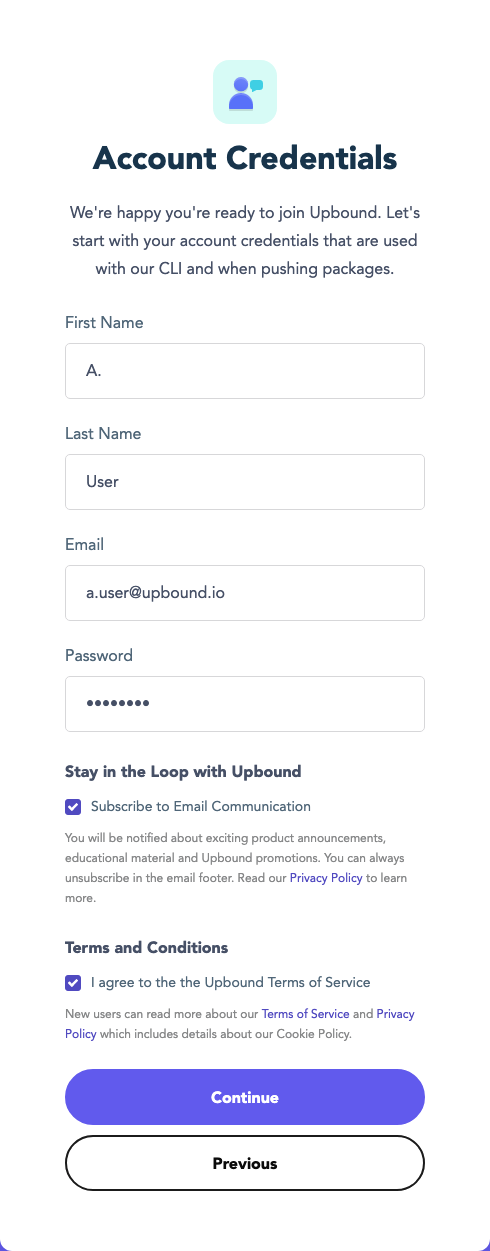 Upbound account creation registration form