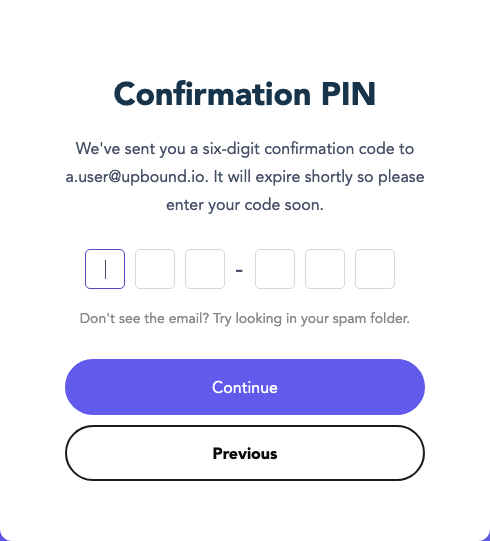 Example form to insert email confirmation PIN