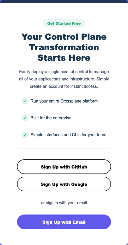 Choose to sign up with GitHub, Google or Email