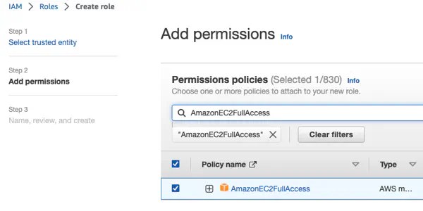 Applying the AmazonEC2FullAccess policy to the role