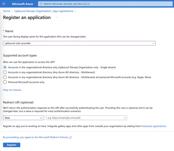 Upbound Get Started Configure OIDC screen for Azure