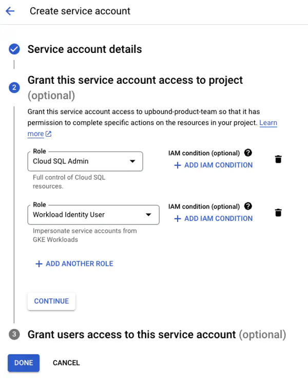 GCP service project access screen