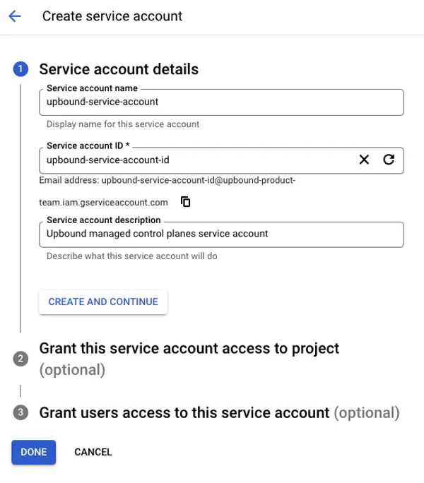 GCP service account creation screen