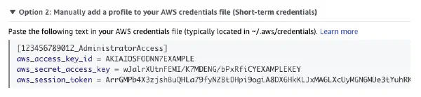 AWS screen showing Option 2 credentials